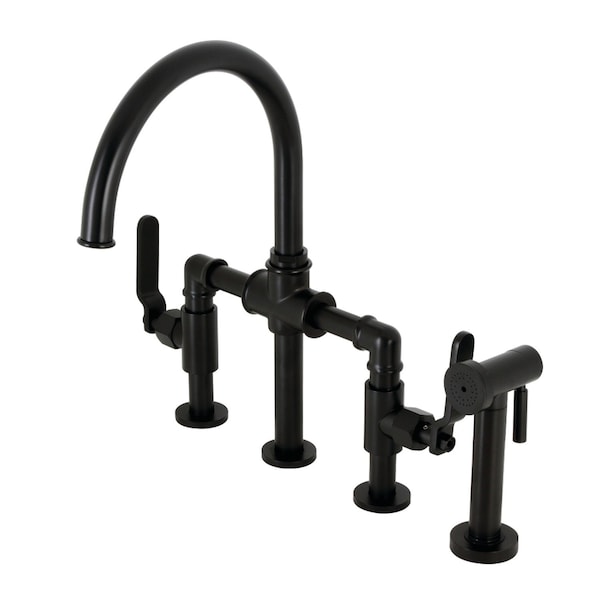 Kingston Brass KS2330KL Industrial Style Bridge Kitchen Faucet with Brass Sprayer, Matte Black KS2330KL - main